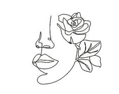 a line drawing of a woman's face with a rose on her nose and the word