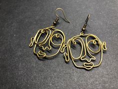 Artsy Gold Metal Earrings, Artsy Gold Wire Wrapped Earrings, Artsy Gold Brass Earrings, Picasso Jewelry, One Line Art, Face Earrings, Abstract Face, Halloween Jewelry, Everyday Earrings