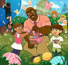 an animated image of a man holding a basket full of eggs with children around him