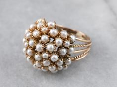 Antique or Vintage 14K Yellow Gold Cluster Ring, Natural Cultured Fresh Water Pearl, RARE Victorian Style Gold Ring for women Cocktail Gifts Vintage Inspired Clustered Pearls ring such as this beauty have been a Hollywood favorite for years, and it's easy to see why! Glamorous and eye-catching, this domed design is paved with shimmering pearls. A multi band design adds another stylish element to this statement ring. * PRODUCT DETAILS * - Made to order - Handmade - Metal : 925 Sterling Silver - R Pearls Ring, Pearl Jewelry Design, Pearl Engagement Ring, Gold Rings Fashion, Gold Ring Designs, Gold Jewellery Design Necklaces, Jewelry Design Earrings, Fancy Jewellery, Gold Earrings Designs