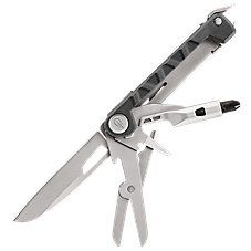 an open swiss army knife on a white background