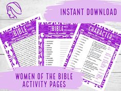 the women of the bible activity pages are shown on a wooden table with purple paint