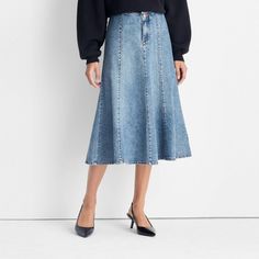 Women's Flared Denim Midi Skirt - Future Collective Medium Wash 2 Medium Wash Knee-length Denim Skirt For Fall, Medium Wash Knee-length Skirt For Fall, Knee-length Medium Wash Skirt For Fall, Fall Denim Knee-length Skirt, Fall Knee-length Denim Skirt, Straight Leg Skirt With Frayed Hem For Fall, Wide Leg Denim Skirt With Frayed Hem, Relaxed Fit Denim Skirt For Fall, Denim Relaxed Fit Skirt For Fall