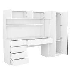 an image of a white desk with drawers and cupboards on the top shelf in front of it