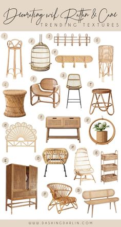 different types of rattan and cane furniture in various styles, sizes and colors with text overlay that says dearly useful rattan & cane