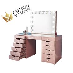 a vanity with drawers and lights on it's sides, in front of a crown logo