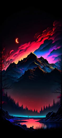 a painting of mountains and trees at night