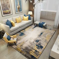 a modern living room with yellow and blue pillows on the couches, white chairs, and gray rugs