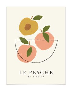 a card with three peaches in a bowl and the words le peche on it