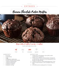 a recipe page for chocolate muffins on a cooling rack with other muffins in the background