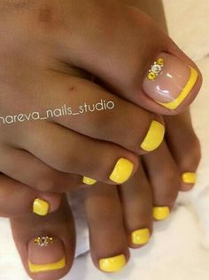 Yellow Pedicure Ideas, Pedicure Ideas Yellow Toenails, French Toenail Designs, Yellow French Tip Pedicure, Yellow Toenails, French Pedicure Ideas, Yellow French Pedicure, Mani And Pedi Ideas, Yellow Toenails Polish