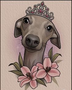 a dog with a tiara on its head and flowers in front of it's face