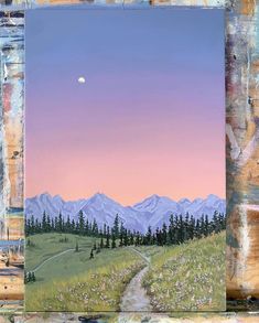 a painting of a mountain scene with a trail leading to the moon in the sky