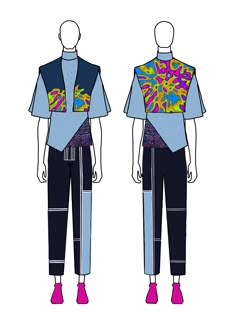 an image of a man's top and pants with colorful designs on it, both in