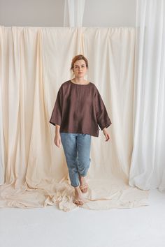 Organic linen crop top for women NOVA. This kimono style top with short sleeves is made of soft and washed linen. Organic linen fabric will make sure your skin breathes and ensure air circulation. You can choose your favorite color from 25 possible variations in the drop down menu! This linen top fabric is double washed for extra softness and has natural wrinkles. After washing, just wear it as it is, no ironing is needed to have relaxed, easygoing look! Linen shirt fabric will grow even softer Kimono Style Tops, Crop Top For Women, Short Sleeve Linen Shirt, Linen Kimono, Mode Kimono, Linen Crop Top, White Linen Shirt, Rompers For Kids, Western Outfits Women