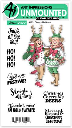 a clear stamp featuring two girls dressed as christmas cheerleaders, and the words art impressions