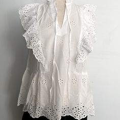 Beautiful H&M White Cotton Lace Ruffle Shirt. This Top Is Flirty, Feminine, And So Flattering When Paired With Skirt Or Denim. Perfect For Your Daily Wear, Outdoor Activities, Shopping And Even Dates. Size: White Blouse With Ruffled Collar For Day Out, Cotton Top With Broderie Anglaise And Ruffled Collar, Feminine Tops With Broderie Anglaise And Ruffled Collar, H&m Short Sleeve Blouse For Day Out, Summer Tops With Lace Trim And Ruffled Collar, Chic Blouse With Broderie Anglaise And Ruffled Collar, Spring Tops With Broderie Anglaise And Ruffled Collar, H&m Short Sleeve Blouse For Summer, H&m Short Sleeve Summer Blouse