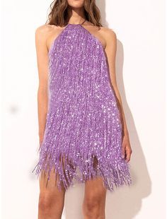 Women's Gold Sequin Dress Fringe Dress Party Dress Sparkly Dress Homecoming Dress Mini Dress Purple Sleeveless Sparkly Glitter Spring Fall Winter Halter Neck Fashion Glamorous Shimmer Sleeveless Sequin Fabric, Glamorous Sleeveless Sequin Dress With Glitter, Glamorous Mini Halter Dress For Cocktail, Flirty Halter Neck Prom Dresses, Sleeveless Sequin Glitter Dress For Prom, Sleeveless Glamorous Shimmer Sequin Dress, Glamorous Sleeveless Sequin Dress For Party Season, Glamorous Sleeveless Shimmer Sequin Dress, Sparkling Sleeveless Sequin Evening Dress