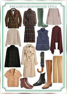 Scotland Inspired Outfit, British Autumn Style, English Style Outfit Women, Classic British Style Women Chic, Shoes For Rain, British Heritage Fashion Women, British Heritage Aesthetic, English Lady Style