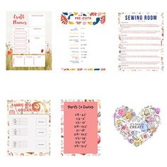 four different types of paper with hearts and flowers on them, including the words sewing room