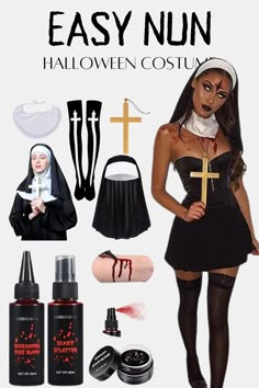 Easy Nun Halloween Costume to put together with a black dress including women in black dress nun outfit, fake blood, and nun costumes Powerful Halloween Costumes, Yoga For Couples, The Nun Costume, Black Dress Halloween Costume Ideas, Halloween Casal, Dress Halloween Costume Ideas, All Black Costumes, Black Dress Halloween, Halloween Diy Outfit