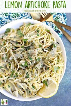 lemon artichoke pasta in a white bowl