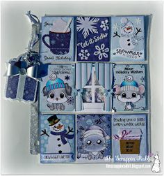 an assortment of christmas cards with snowmen and animals on them, all decorated in blue