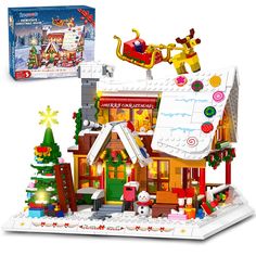 a lego christmas house with santa's sleigh