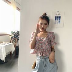 Fancy Tops For Girls, Korea Design, Floral Print Crop Top, Fancy Tops, Floral Short, Baby Shirts, Vintage Summer, 8 M, Types Of Collars