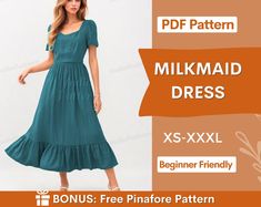 a woman in a green dress with the text, milk maid dress xs - xxl beginner friendly