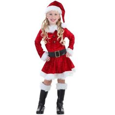 She can be Santa's cutest little helper in this Toddler Mrs Claus Costume! The luxurious crushed velvet and faux fur are cuddly and cozy, and the colors just shout Christmas greetings. And the fur boot cuffs turn ordinary black boots into Santa boots. Santa's Helper Costume, Mrs Claus Costume, Army Costume, 4t Dress, Santa Claus Costume, Chasing Fireflies, Santa Costume, Crushed Velvet Dress, Elf Costume