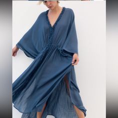 Soo Cute And Flowy And Roomy! So Easy To Toss On. Perfect For A Beach Vacation Or The Pool Blue Breezy Flowy Cover-up, Blue Flowy Breezy Cover-up, Breezy V-neck Dress For Beach Cover-up, Flowy Tunic Beach Dress For Brunch, Blue Breezy Maxi Beach Dress, Indigo V-neck Summer Dress, Flowy Blue Maxi Beach Dress, Chic Blue V-neck Cover-up, Flowy Breezy Tunic Dress