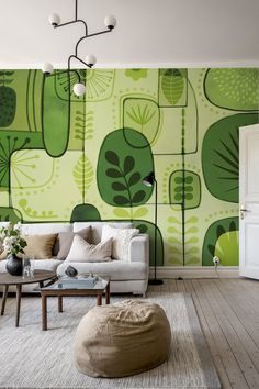 Abstract_Botanical_Leaves_and_Shapes_Wallpaper_HappyWall Nature Inspired Wall Art, Plant Murals On Wall, Art On Green Wall, Mural Dinding Art, Mural Wall Art Interiors, Murals For Office, Cool Wall Murals, Wallpaper Ceiling Ideas, Nature Murals