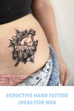 a woman's stomach with the words seductive and tattoo ideas for men