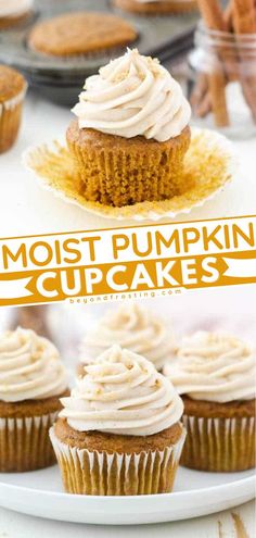 pumpkin cupcakes with frosting on top and the words, moist pumpkin cupcakes