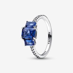 Blue Rectangular Three Stone Sparkling Ring Pandora Blue, Bracelet Pandora, Gold Armband, Blue Stone Ring, Pandora Rings, Rings Jewelry Fashion, Sparkling Rings, Radiant Cut, Thomas Sabo