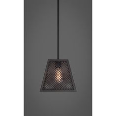 a light hanging from a ceiling fixture with an iron mesh design on the front and side