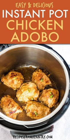 instant pot chicken adobo in a pan with text overlay