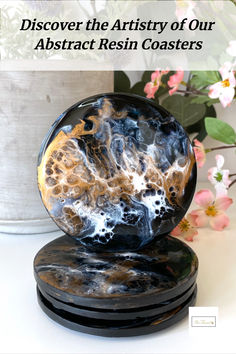 A set of four hand-painted epoxy resin coasters with black, white, and bronze abstract designs. Each one is hand-painted, blending black, white, and bronze to create a stunning modern look. Made with high-quality epoxy resin on a solid slate base, these coasters are both beautiful and durable. Modern Fall Decor, Coffee Table Modern, Unique Drink, Modern Fall, Resin Coasters, Housewarming Present, Black Resin, Table Modern, Unique Gifts For Her