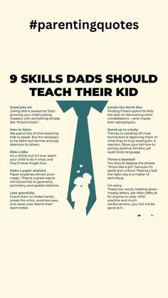 a poster with the words 9 skills dads should teach their kid to use in school