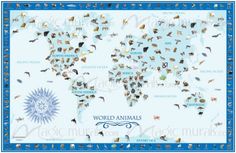 a world map with animals on it and the name of each country in green lettering