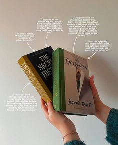 a hand holding three books in front of a white wall with information about the book