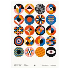 an art print with different shapes and sizes on it, including circles in various colors