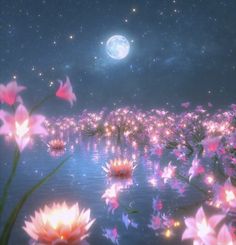 flowers floating in the water at night with a full moon and stars above them,