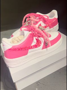 Message me first about your customizations. 5 day turnaround This version is  for :  Shoe, Painting, Fat Rope  Laces, and 2 matching laces with rivets drilled into shoes and rhinestones   ** Returns not accepted as these are customized by hand.  There may be minor imperfections.  Shipping insurance & a signature is required. Matching Shoes Aesthetic, Custom Nike Girly, Pink Custom Sneakers For Sports, Pink Custom Sneakers With Laces, Cute High-top Custom Pink Sneakers, Custom Bedazzled Jordan Shoes, Baddie Shoes Sneakers, Nike Custom Shoes, Custom Tennis Shoes