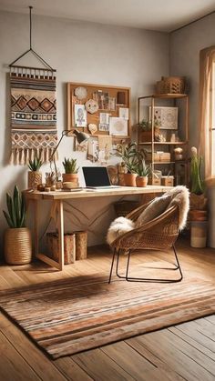 a room with wooden floors and lots of potted plants on the wall next to a desk