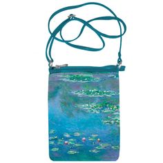 Our Water Lilies Monet Bag is beautifully printed with one of Monet's Water Lillies paintings. This Waterlilies handbag can be worn as a cross bag and is a great size. It has a zipper top, adjustable straps, interior lining and 2 outside pockets. Other Monet jewelry and gifts available. Cheap Artsy Bag, Water Lilies Monet, Lilies Monet, Thrift Wishlist, Lily Bag, Japanese Bridge, Fancy Purses, Art Bags, Monet Water Lilies