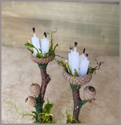 two vases with candles and moss in them