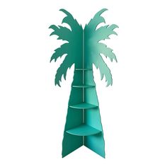 a tall green shelf with a palm tree on it