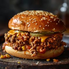 a sloppy joe sandwich sitting on top of a wooden cutting board